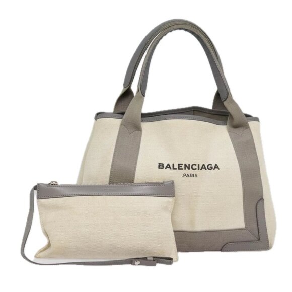 BALENCIAGA Navy Cabas S Hand Bag Canvas Leather White Beige 339933 Auth ep5793 - Picture 1 of 15